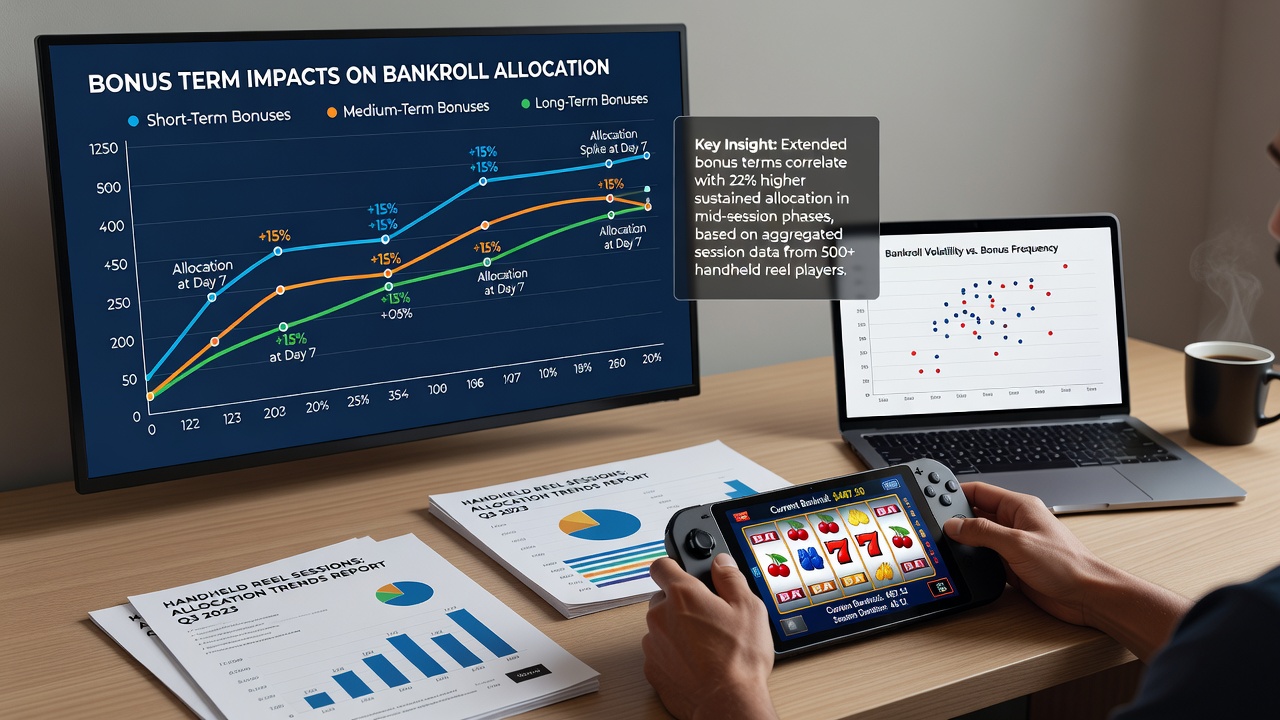 Handheld reel interface displaying bankroll split between bonus and real money segments