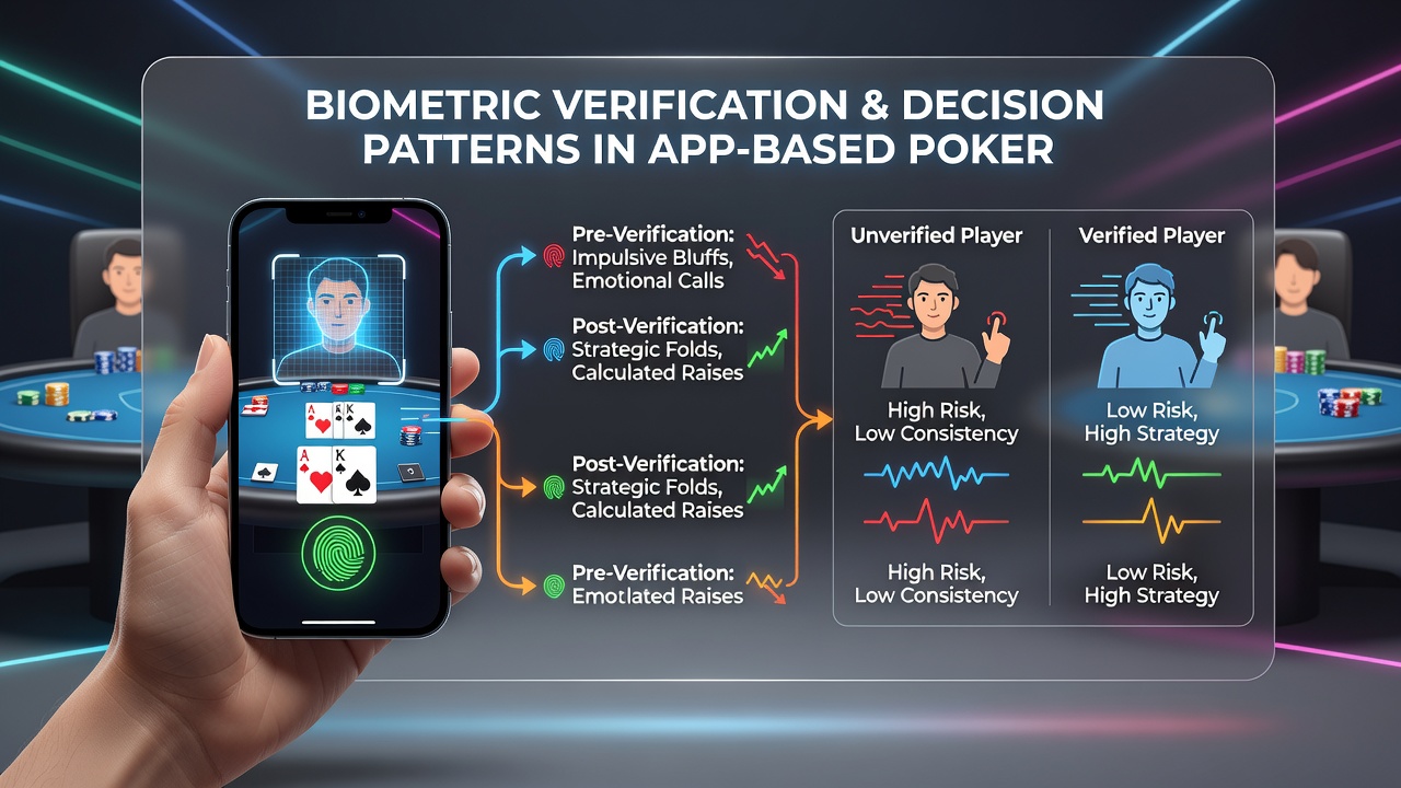 Player reviewing tournament statistics on a smartphone after completing biometric check