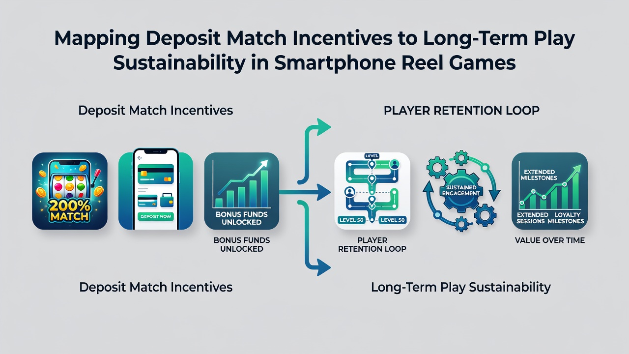 Analytics dashboard on tablet showing graphs of player retention linked to deposit match campaigns in mobile reel games