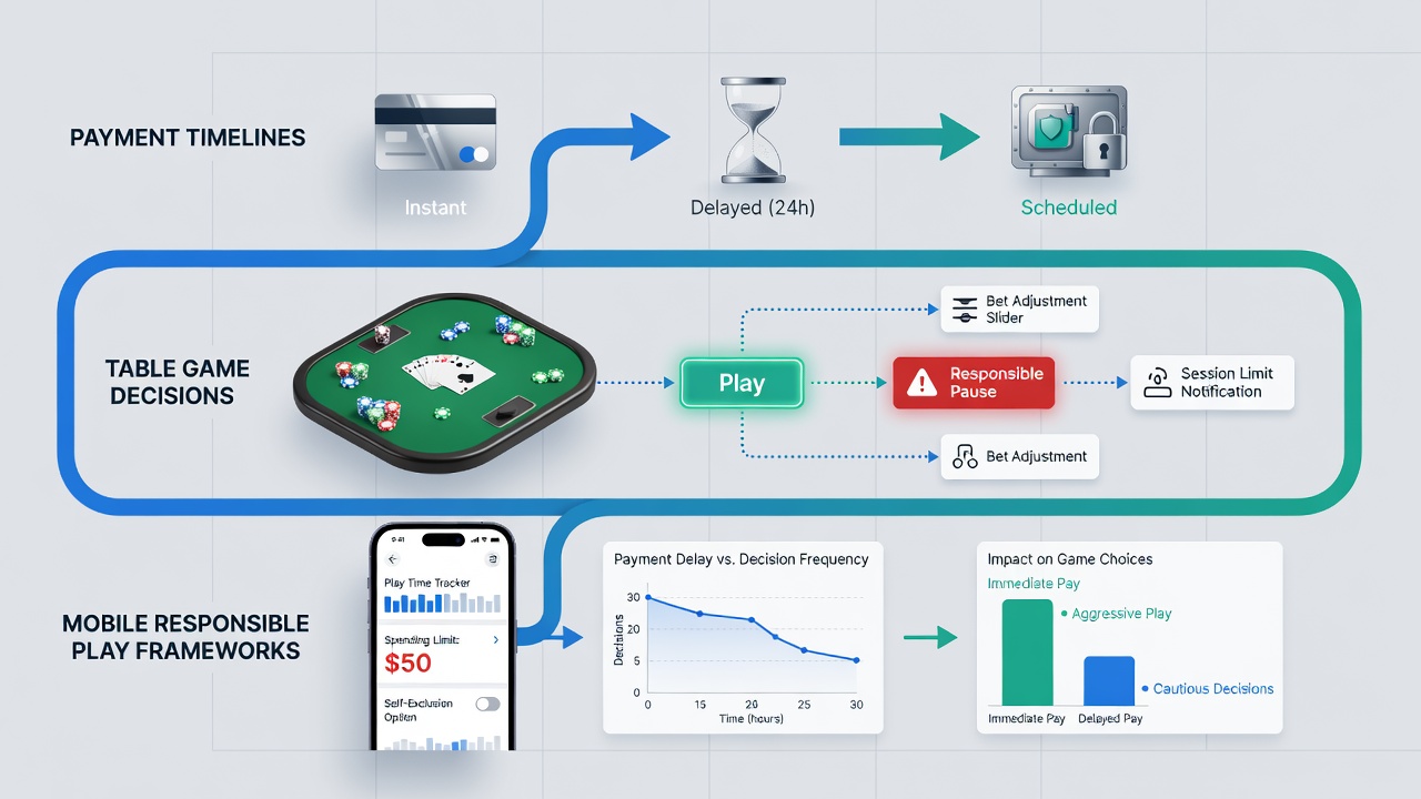 Chart displaying correlations between payment processing times and player decision adjustments during mobile table game sessions