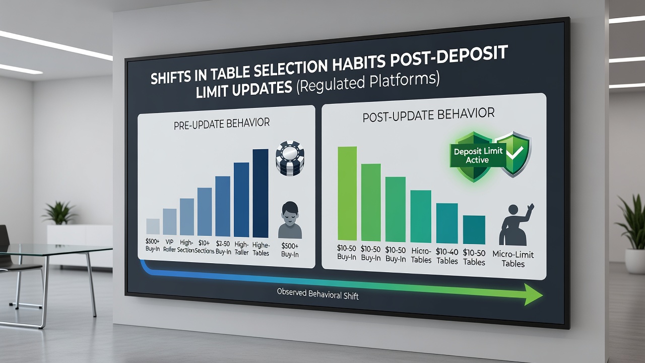 Player interface displaying deposit limit dashboard next to available table stakes in a regulated gaming app